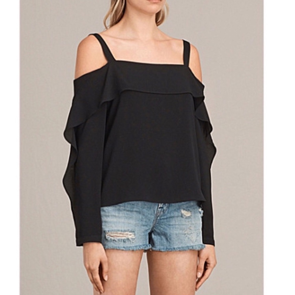 ALL SAINTS “Khan” Black Sheer Silk Cold Shoulder Blouse M
